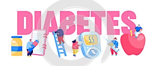 Diabetes Sickness Concept. People Characters with Checking Equipment for Treatment High Sugar Level in Blood