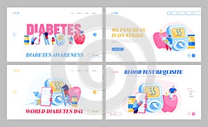 Diabetes Sickness, Glucose Testing Meter, Insulin Control Landing Page Template Set. Tiny People Characters