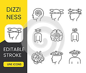 Diabetes symptom dizziness line vector icon set with editable stroke