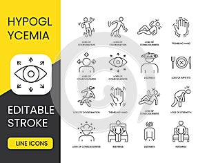Diabetes symptom hypoglycemia, vector line icon set with editable stroke, loss of attention, diversion of attention
