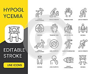 Diabetes symptom hypoglycemia, vector line icon set with editable stroke, loss of attention, diversion of attention