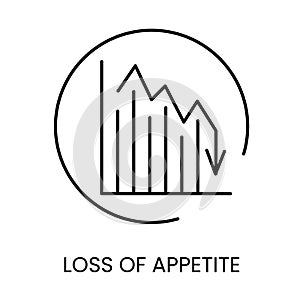 Diabetes symptom loss of appetite, refusal to eat vector line icon with editable stroke