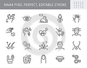 Diabetes symptoms line icons. Vector illustration include icon - sexual loss, diarrhea, disorientation, depression photo