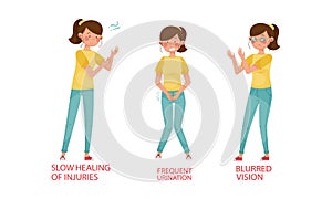 Diabetes symptoms set. Slow healing of injuries, frequent urination, blurred vision vector illustration