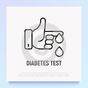 Diabetes test thin line icon: drop of blood from finger. Modern vector illustration of laboratory research