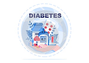 Diabetes Testing with Blood Glucose Meter, Exam Results, Tubes, Syringe to Medical Healthcare and Treatment For Poster Background