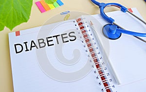 Diabetes text written in Notebook, Health Medical Concept , Obesity , blood test for diabetes