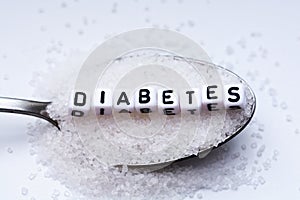 Diabetes word formed with plastic letter beads placed in a spoon full of sugar