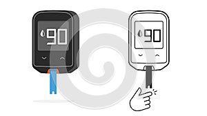 Diabetic blood sugar and glucose test vector icon flat or glucometer device with finger check line outline art illustration