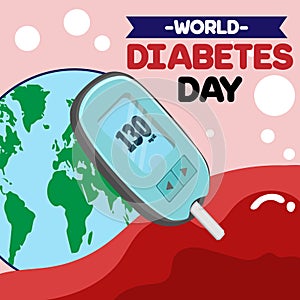 diabetic blood tester or glucose meter flat World diabetes day awareness poster banner background design with blue ribbon and