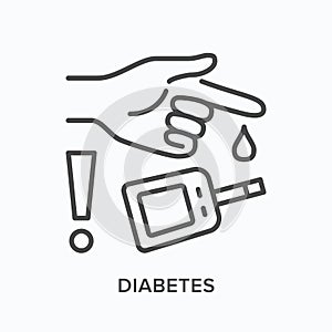 Diabetic control line icon. Vector outline illustration process measuring glucose . Image shows hand using glucometer