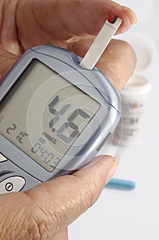 A diabetic taking a glucose reading on a home kit photo