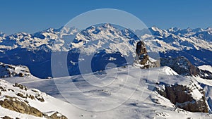 Diablerets glacier and famous rock Quille du Diable. Winter scene in Switzerland.