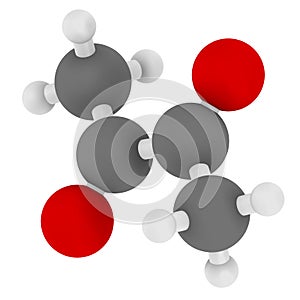 Diacetyl (butanedione) molecule. Responsible for taste of butter. Used for butter flavouring. Causes popcorn workerâ€™s lung (