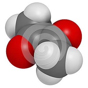 Diacetyl (butanedione) molecule. Responsible for taste of butter. Used for butter flavouring. Causes popcorn workerÃ¢â¬â¢s lung ( photo
