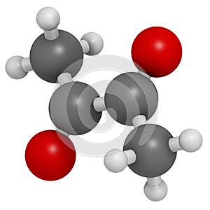 Diacetyl (butanedione) molecule. Responsible for taste of butter. Used for butter flavouring. Causes popcorn workerÃ¢â¬â¢s lung ( photo