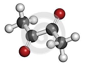 Diacetyl (butanedione) molecule. Responsible for taste of butter. Used for butter flavouring. Causes popcorn workerÃ¢â¬â¢s lung ( photo