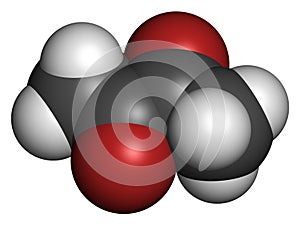 Diacetyl (butanedione) molecule. Responsible for taste of butter. Used for butter flavouring. Causes popcorn workerÃ¢â¬â¢s lung ( photo