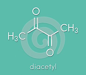 Diacetyl butanedione molecule. Responsible for taste of butter. Used for butter flavouring. Causes popcorn workerÃ¢â¬â¢s lung . photo