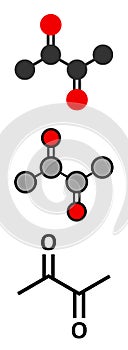 Diacetyl (butanedione) molecule. Responsible for taste of butter. Used for butter flavouring. Causes popcorn workerÃ¢â¬â¢s lung (