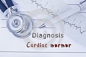 Diagnosis Cardiac murmur. Stethoscope or phonendoscope together with type of ECG lie on medical history with title diagnosis Cardi