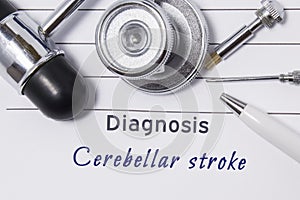 Diagnosis of Cerebellar Stroke. Medical doctors statement with diagnosis Cerebellar Stroke is on neurologist workplace, which are photo