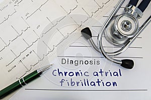 Diagnosis of Chronic atrial fibrillation. Stethoscope, green pen and electrocardiogram lie on medical form with diagnosis of Chron