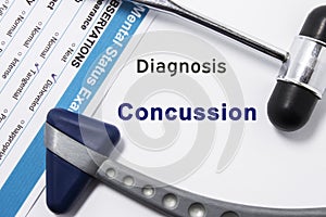 Diagnosis of Concussion. Two neurological hammer, result of mental status exam and name of neurologic psychiatric diagnosis Concus photo