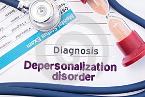 Diagnosis of Depersonalization disorder. On psychiatrist or psychologist table is paper with inscription Depersonalization disorde photo
