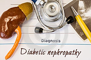 Diagnosis Diabetic Nephropathy photo. Figure of kidney lies next to incription of diagnosis of diabetic nephropathy, ultrasound, s