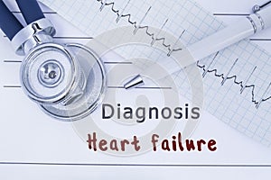 Diagnosis Heart failure. Stethoscope or phonendoscope together with type of ECG lie on medical history with title diagnosis Heart