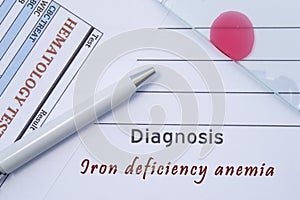 Diagnosis Iron deficiency anemia. Written by doctor hematological diagnosis Iron deficiency anemia in medical report, which are re photo
