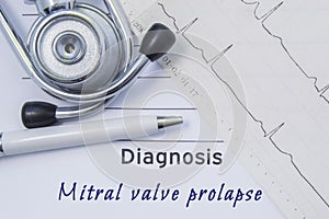 Diagnosis of Mitral Valve Prolapse. Stethoscope, printed electrocardiogram and pen are on paper medical form where indicated cardi photo