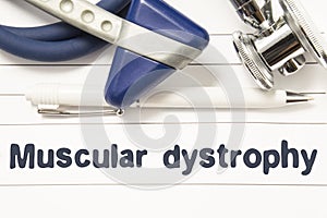 Diagnosis of Muscular Dystrophy closeup. Medical book guide for doctor neurologist with heading text of neurological disease Muscu photo
