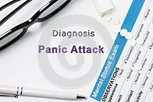 Diagnosis of Panic Attack. Results of mental status exam, container with pills with inscription psychiatric diagnosis Panic Attack