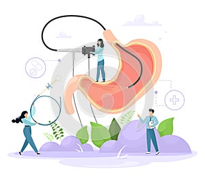 Diagnosis of the stomach using endoscopy. Human stomach with endoscope inside, tiny doctors characters. Vector concept in cartoon