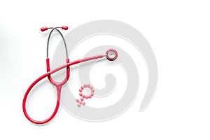 Diagnostic and cure of gynaecological disease with stethoscope and female symbol on white background top view mock-up