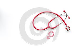 Diagnostic and cure of gynaecological disease with stethoscope and female symbol on white background top view mock-up