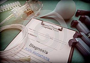 Diagnostic form, acute mediastinitis, Oxygen mask and inhalers in a hospital