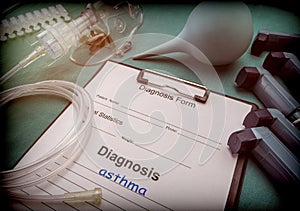 Diagnostic form, Asthma, Oxygen mask and inhalers in a hospital