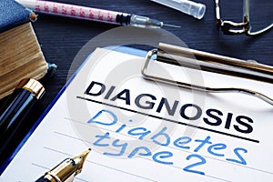 Diagnostic form with diagnosis diabetes type 2. photo