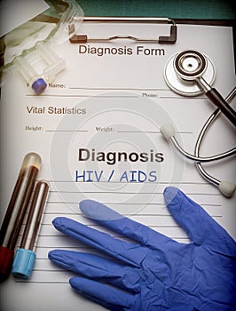 Diagnostic form, HIV / AIDS, Vial of blood samples and Medicine in a hospital