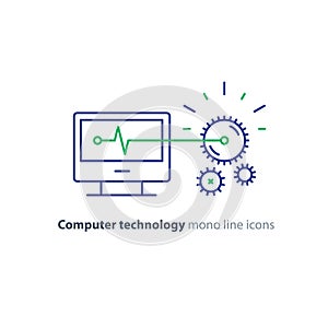 Diagnostic system, engine test, software integration, data processing line icon