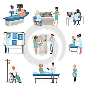 Diagnostic and treatment of cancer set, doctors, patients and equipment for oncology medicine vector Illustrations