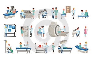 Diagnostic and treatment of cancer set, doctors, patients and equipment for oncology medicine vector Illustrations