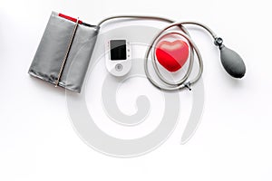 Diagnostics of cardiac disease with pulsimeter on white background top view mock up