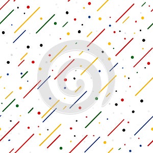 Diagonal abstract pattern of multicolored lines and dots on a white background.