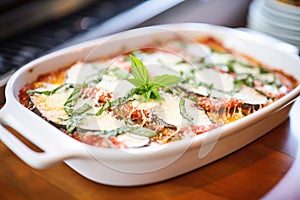 diagonal angle of a bubbling hot eggplant parmesan in the oven