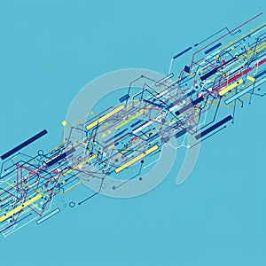 Diagonal array of interconnected lines and shapes on a light blue background,