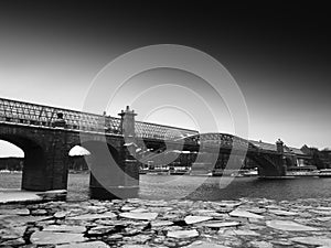 Diagonal black and white Moscow winter bridge background